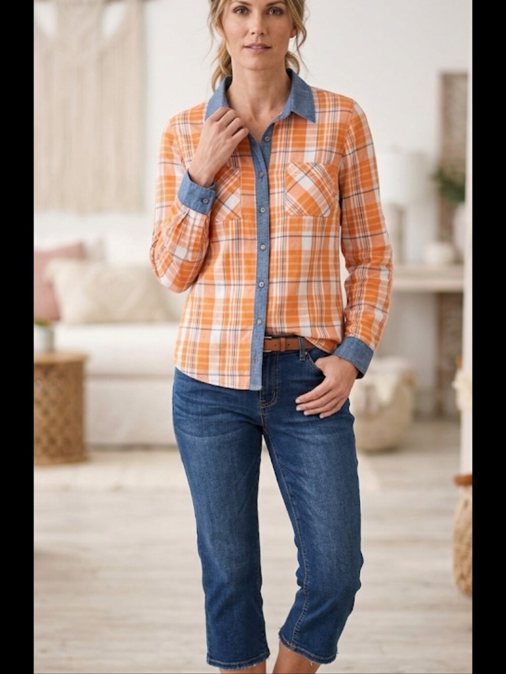 New Sundance Orange Plaid Bitton Front Shirt M Fitted Denim Trim
